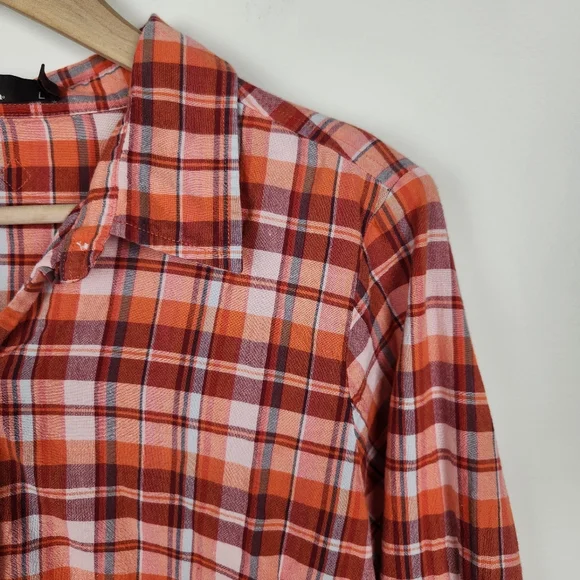 Prana Pink Orange Plaid Roll Tab Sleeve Button Down Shirt Top Sz L - Picture 2 of 7